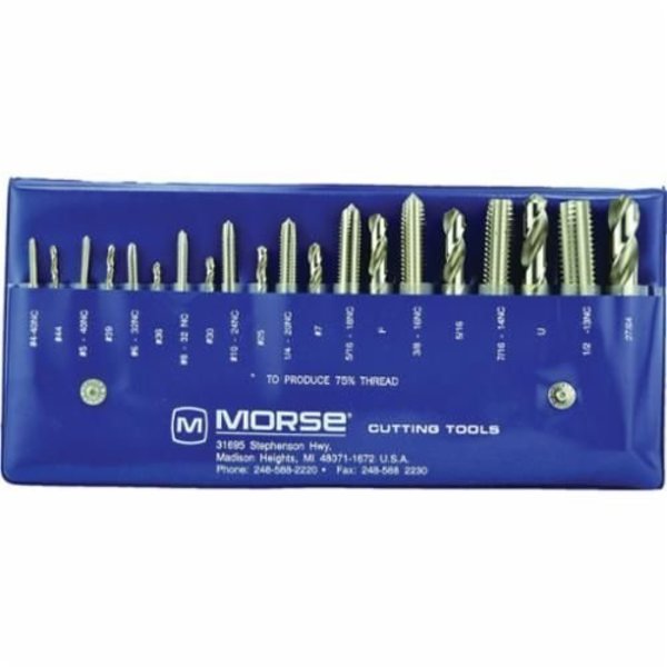 Morse Tap and Drill Set, Series 8001, Imperial, 20 Piece, 440 to 1213 Tap, 44 to 2764 Drill, UNC T 37103